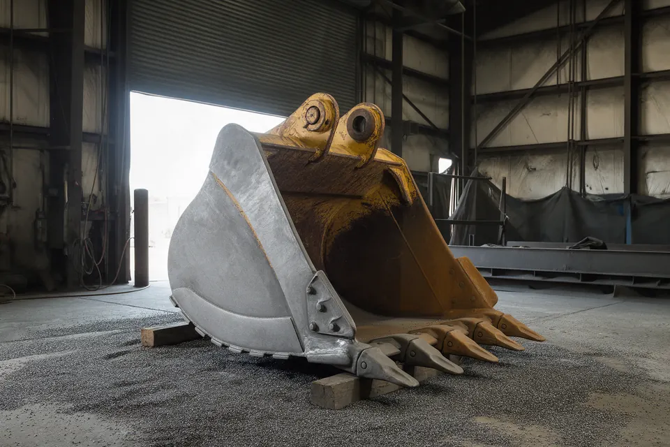 Illustrative image (not a Belmont job): Excavator digging bucket half shot blasted to bare steel, half still rusty yellow paint, on blocks in a blast shed