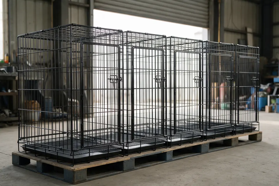 Illustrative image (not a Belmont job): Row of steel dog crates blasted and powder coated satin black on a pallet in a workshop