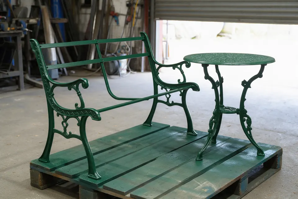 Illustrative image (not a Belmont job): Cast iron garden bench frame and round table powder coated deep green, on a pallet in a workshop