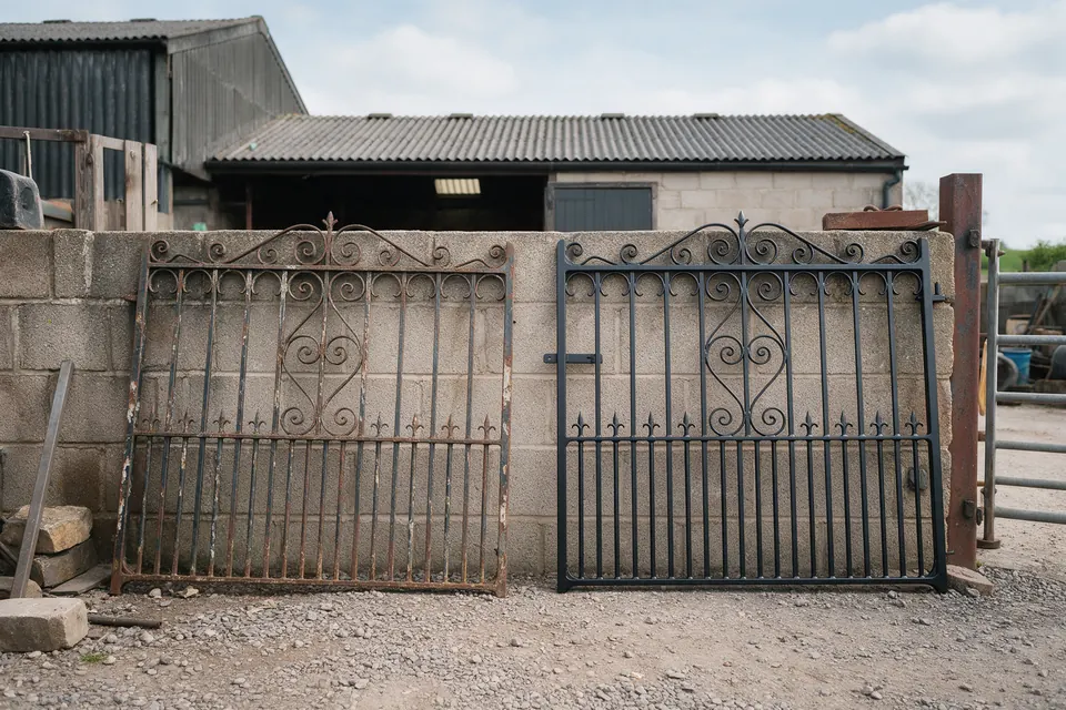 Illustrative image (not a Belmont job): Two wrought iron driveway gates against a yard wall, one rusty and one sandblasted and powder coated satin black