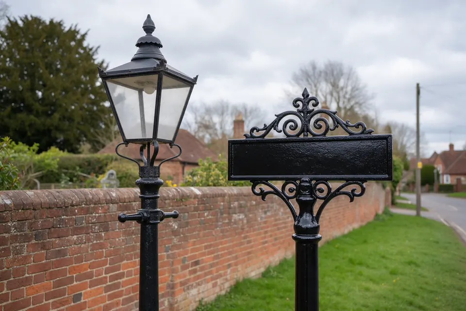 Illustrative image (not a Belmont job): Cast iron Victorian lamp post and village sign restored in gloss black beside a red-brick wall