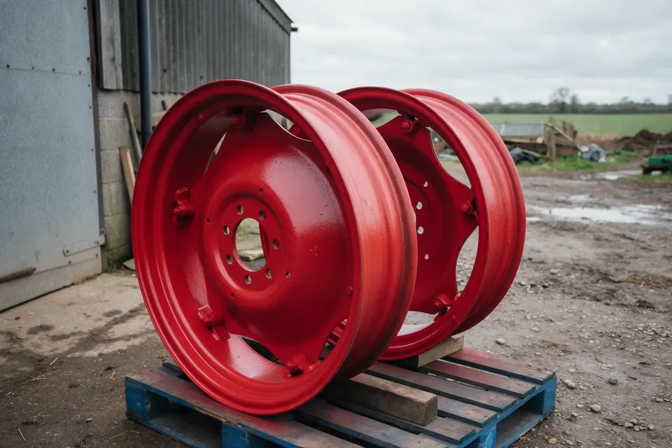 Illustrative image (not a Belmont job): Two tractor wheel rims blasted and painted bright red on a pallet in a farmyard