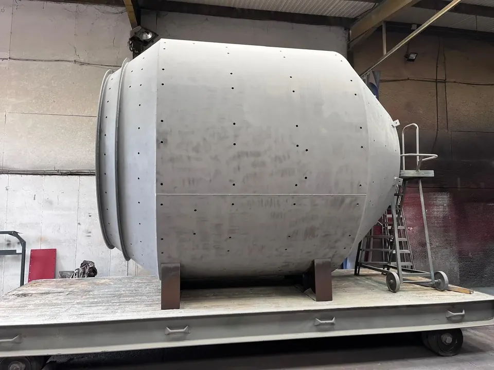 A large steel vessel shot blasted back to bare metal in the Belmont workshop
